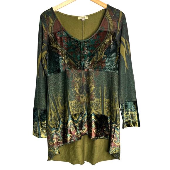 One World Size Medium Green Velveteen Baroque Print Tunic High Low Long Sleeve - Picture 1 of 10